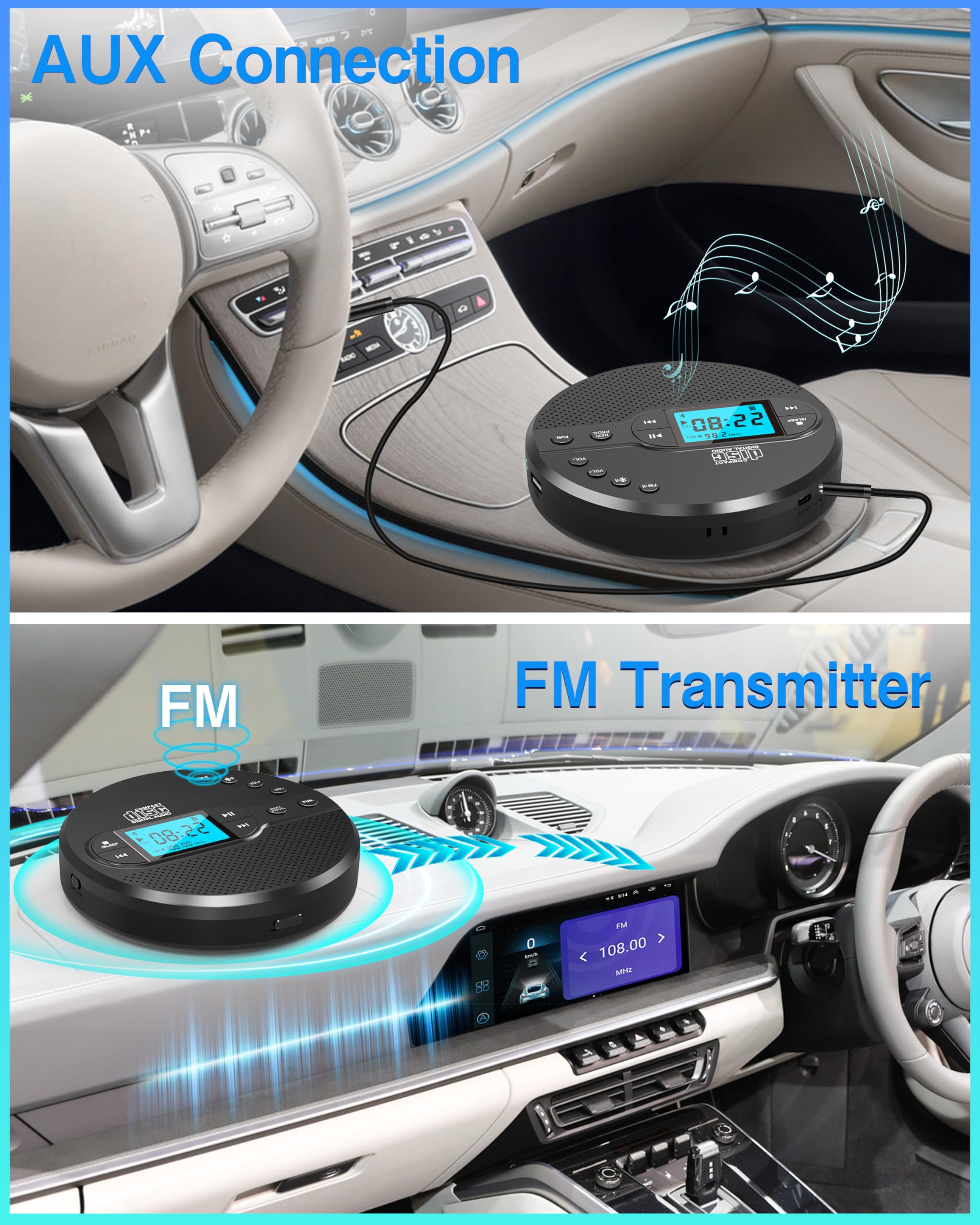 Sunoony Portable Cd Player With Bluetooth, Cd Player With Fm Transmitter And Speakers For Car, Rechargeable Cd Player With Anti